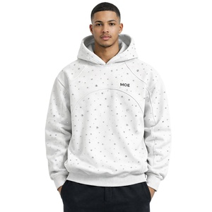 Sweats à capuche streetwear pour hommes, double couche, en molleton de coton, avec strass, coupe oversize, design à empiècements raglan, logo personnalisé, OEM, vente en gros - Product Image 4