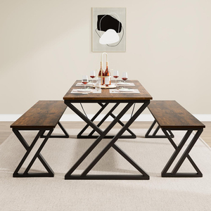 Dining <b>Table</b> with 2 Benches, Dining <b>Table</b> Set for 3 <b>Brown</b> Unique X-Shaped Design Vintage Tabletop Saving Space Dining <b>Tables</b> - Product Image 1