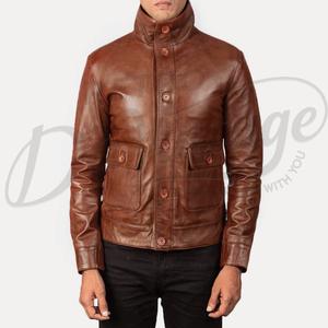 แจ็คเก็ตหนังสีน้ำตาลพรีเมียมสำหรับผู้ชาย แบบซิป แจ็คเก็ตลำลองขายส่ง หนังแท้ ทรงเข้ารูป - Product Image 4