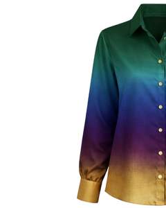 เสื้อเชิ้ตผู้หญิงสีเขียวมรกตไล่เฉดสีม่วงและทอง แขนยาว ติดกระดุม ทรงลำลอง สำหรับใส่ทำงาน ผลิตโดยผู้ผลิตเสื้อผ้าสั่งทำพิเศษ - Product Image 3