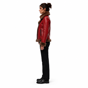 Women's Premium Eco-friendly Ultra-supple Solid Scarlet Red <b>Sheepskin</b> B-6 Pilot <b>Jacket</b> Stand Minimalist Leather Shearling Bomber - Product Image 3