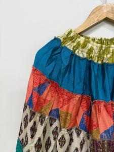 Women's Bohemian Patchwork Silk <b>Skirt</b> Handmade Elastic Waist Ruffles Floor-Length Color Blocked A-Line Summer Dress Style - Product Image 4