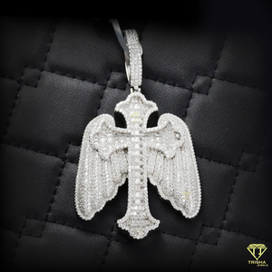 925 <b>Silver</b> <b>Cross</b> <b>Pendant</b> with Angel Wings and Baguette Stones Iced Out Religious Jewelry in Luxury Hip Hop Style - Product Image 2