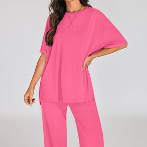 Ensemble 2 pièces d'été pour femme : T-shirt et pantalon évasé à jambes larges – Personnalisez votre logo de marque - Product Image 5
