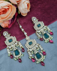 Handcrafted Radiant Cut Stone Designer <b>Necklace</b> With Earrings And Mangtika For Women Traditional Ethic Wear Jewellery Collection - Product Image 6