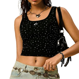 Customized <b>Rhinestone</b> Embellished Black Crop <b>Top</b> for Women Soft Cotton Ribbed Tank <b>Top</b> Bulk Wholesale best Quality women's shirt - Product Image 3