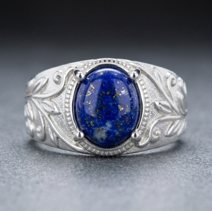 Best Selling 925 Sterling <b>Silver</b> 10x12mm Oval Shape Lapis Lazuli Gemstone <b>Ring</b> Bezel Setting Plant Pattern Unisex Everyday Wear - Product Image 1