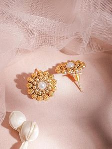 Gold Plated Imitation Pearl <b>Ruby</b> <b>Necklace</b> and Earring Set Flower Pattern Classic Wedding Jewelry Women's - Product Image 5