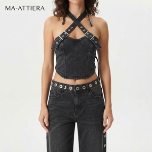 Women Black Denim Halter <b>Crop</b> <b>Top</b> And Cargo Pants Set Eyelet Strap Detail Two Piece Streetwear Outfit - Product Image 1