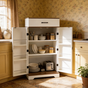 Mobile dispensa da cucina stile rustico, 472 pollici di altezza, in legno, con ripiani regolabili, ante in stile fienile, cassetto e finiture impiallacciate - Product Image 6