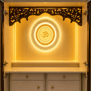 Armoire de Temple Religieux Moderne en Bois Sculpté avec Rétroéclairage LED Premium, Portes en Verre, Tiroirs de Rangement et Fixation Murale - Product Image 2