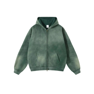 Sudadera con capucha y cremallera para hombre, estilo streetwear, 450 g/m², 100% algodón, oversize, casual, lisa, con cremallera completa y efecto lavado ácido - Product Image 1