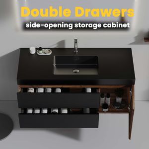 Mobile bagno Grace da 48 pollici in noce, sospeso a parete, con lavabo in quarzo nero opaco e ante con cassetti neri opachi - Product Image 4