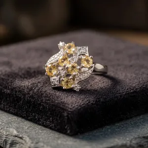 925 Silver Yellow <b>Citrine</b> Cluster <b>Ring</b> Flower Design Prong Setting Women's Classic Fine Jewelry - Product Image 5