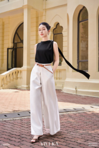 Pantalones de Mujer Modernos y Elegantes, Blancos, de Cintura Alta, Pierna Ancha y Larga, Casuales, de Oficina, KRISTINA - Product Image 3