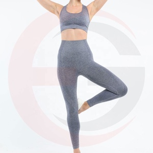 Women Yoga Set Solid Gray Racerback Crop Top High Waist Full Length <b>Leggings</b> <b>Seamless</b> Four-Way Stretch Fitness Wear - Product Image 5