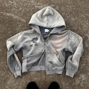 New Design Custom 100% Cotton Streetwear Sun Faded Acid Wash Cut and Sew Rhinestone Distressed Rip Double Zipper Cropped Hoodie - Product Image 1
