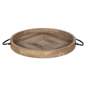Plateau décoratif rond de style vintage de qualité supérieure avec base en bois massif et poignées en métal noir pour restaurants et hôtels - Product Image 1