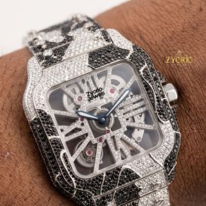 Luxury Vintage Mechanical Iced <b>Skeleton</b> <b>Automatic</b> <b>Watch</b> Black White Moissanite Diamond Tonneau Case Stainless Steel Bracelet - Product Image 5