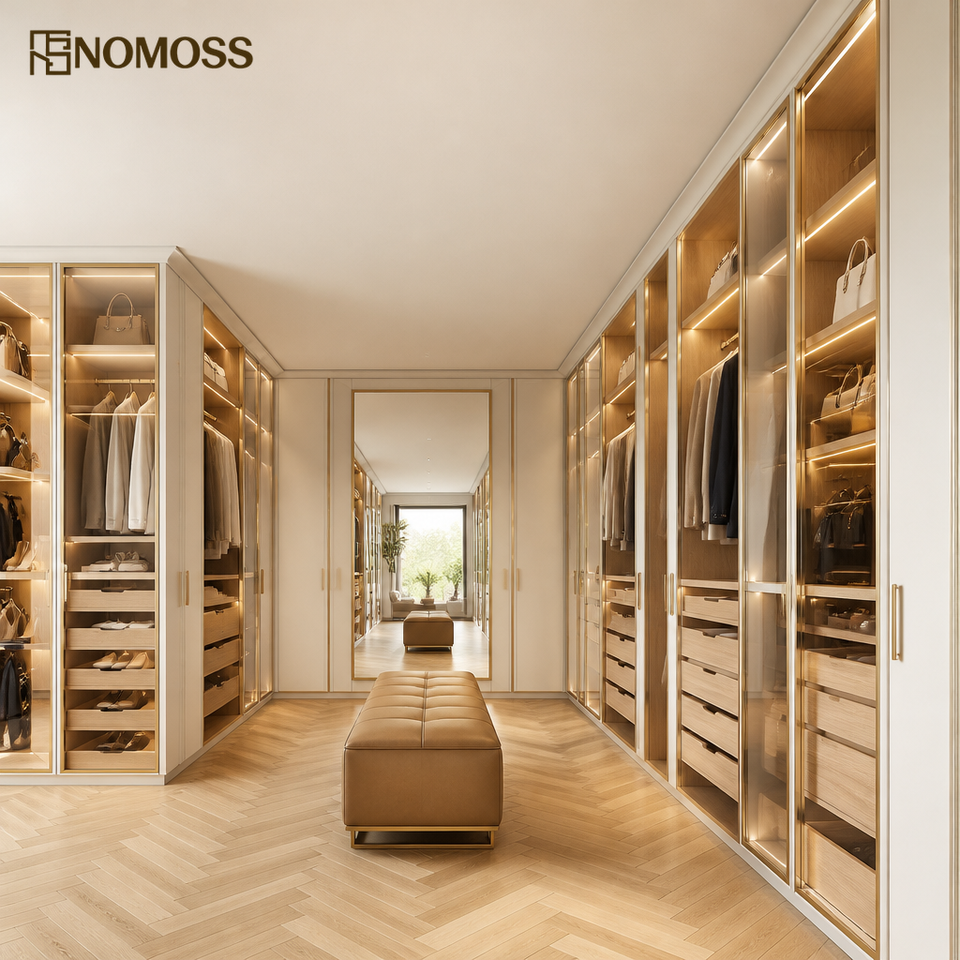 Luxury Walk in Closet with Central Island Storage and Open Hanging ...