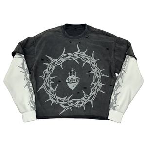 Hommes Vintage sérigraphie en détresse hommes coton recadrée Boxy T Shirt personnalisé surdimensionné lavé Double couche T-Shirt à manches longues - Product Image 3