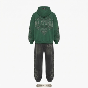 Custom <b>Green</b> Hoodie Black Distressed Jogger Set Rhinestone Embellished Cotton <b>Fleece</b> Streetwear Tracksuit OEM - Product Image 3