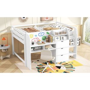Letto a soppalco basso bianco a una piazza e mezza con scrivania integrata, armadietti contenitori, libreria aperta e lavagna bianca per graffiti - Letti per bambini ETA 7/8 - Product Image 5