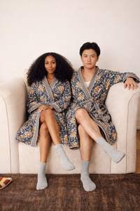 Peignoir long kimono en coton gaufré imprimé à la main bleu beige pour femmes et hommes, vente en gros personnalisée B2B, compressé, Jaipur - Product Image 2