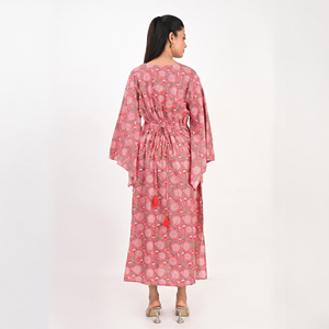 Elegante Vestido Maxi de Algodón con Estampado Floral, Cuello en V Profundo, Mangas Campana, Corte Holgado, Estilo Casual y Cómodo para el Verano - Product Image 4