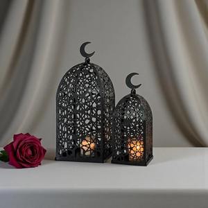 Ensemble de lanternes décoratives islamiques en fer forgé noir, en forme de croissant de lune, étanches, portables et naturelles, pour le Ramadan et l'Aïd Moubarak - Product Image 1