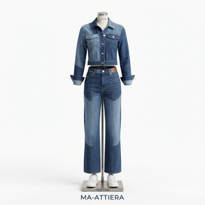 <b>Women</b> Blue Denim <b>Cropped</b> Jacket Patchwork <b>Jeans</b> Set High Waist Wide Leg Pants Two Piece Casual Denim Outfit Wholesale - Product Image 3