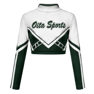 Maillot de sport à manches longues vert foncé et blanc sublimé pour cheerleading – Haut de performance athlétique pour entraînement, pratique et compétition - Product Image 1