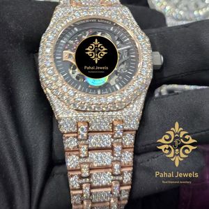 Montre mécanique squelette pour homme en or rose, sertie de moissanite - Product Image 2