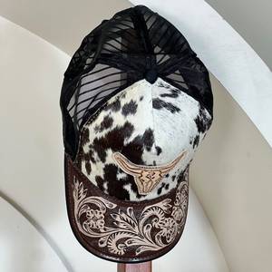Gorra de béisbol snapback de alta calidad con parche de cuero genuino de vaca repujado, visera curva de malla, estilo trucker deportivo - Product Image 5