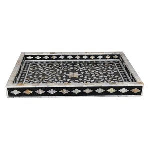 Plateau de service rectangulaire décoratif traditionnel en bois écologique fait main avec incrustation de nacre noire et blanche - Product Image 2