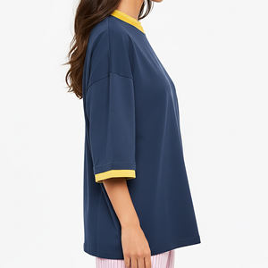 New Arrival 2026 <b>Women's</b> <b>Navy</b> Blue Three Quarter Sleeve T-Shirt Crew Neck Loose Fit With Logo Casual Style Spring Summer Wear - Product Image 5