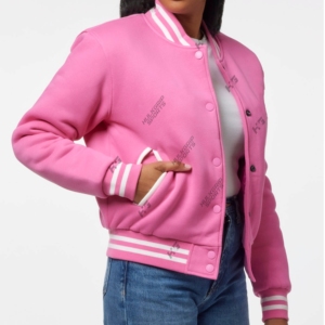 Chaqueta Varsity Corta de Forro Polar Vintage para Mujer, Transpirable, Color Rosa Perla, Estilo Béisbol con Bordado, Tejido Lavado, Cierre de Botones - Product Image 2