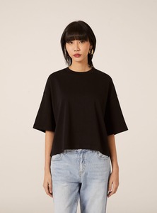 T-shirt court noir minimaliste pour femme, manches courtes, col rond, décontracté, en coton, coupe ample, streetwear, haut d'été quotidien - Product Image 3