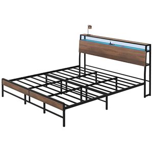 Letto Matrimoniale King Size in MDF Noce con Luci LED, Stazione di Ricarica, Testiera Silenziosa e Contenitore - Product Image 1