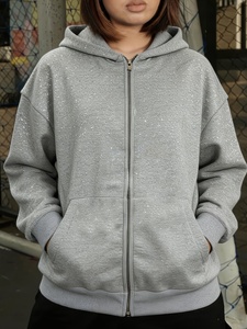 Sudadera con capucha de algodón premium con cremallera completa, estilo vintage, con gráfico de serpiente de diamantes de imitación negros, de corte oversize, para ropa urbana y streetwear. - Product Image 1