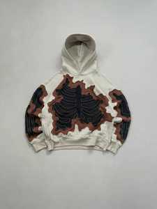 Sweat à capuche surdimensionné en molleton de coton épais, motif vague abstraite patchwork gris jaune blanc, qualité supérieure, vente en gros, personnalisable - Product Image 4