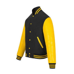 Veste universitaire noire et jaune pour homme avec manches en PU, col montant, fermeture boutonnée, style preppy, vêtement d'automne - Product Image 1