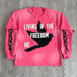 Living In The Freedom He T-shirt à manches longues pour homme, style streetwear, imprimé, col rond, coupe régulière, jersey de coton - Product Image 6