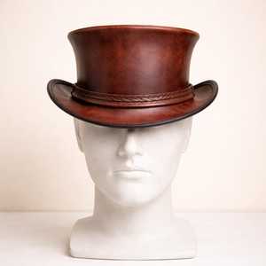 Premium Quality Custom Handmade Rustic Unisex Brown Leather Top <b>Hat</b> Braided <b>Band</b> Vintage Gothic Steampunk Gift - Product Image 1