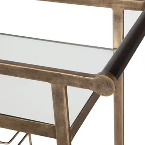 Modern Handmade Metal Bar Cart with Luxury Gold Finish Tempered Glass Shelves Wine Bottle Storage and Designer Rolling Wheels - Product Image 4