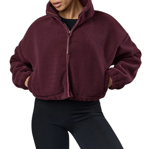 Burgundy Fleece <b>Jacket</b> Women Stand Collar Zipper Closure <b>Short</b> Length Full <b>Sleeve</b> Solid Color Autumn Wear - Product Image 5
