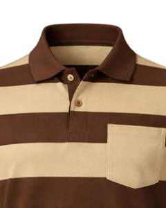 เสื้อโปโลชายลายทางสีน้ำตาลช็อกโกแลตและสีเบจ มีกระเป๋าเสื้อ ผ้าฝ้าย ทรงคลาสสิก แขนสั้น ผู้ผลิต OEM จำหน่ายส่ง - Product Image 5