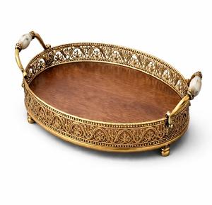 Bandeja de Servir de Lujo de Madera y Metal con Acabado Dorado, Bandeja Decorativa de Estilo Árabe para el Hogar y Hoteles - Product Image 1