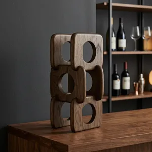 Support à vin en bois artisanal pour 3 bouteilles, porte-vin décoratif sculpté à la main, rangement à vin en bois pour table, pour bar à domicile - Product Image 5