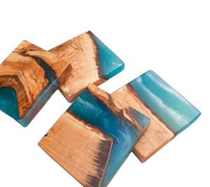 Sous-verre créatif en bois pour thé, ensemble de 4 sous-verres en résine et en bois, soucoupe carrée, coussin isolant anti-brûlure, accessoires de cérémonie du thé - Product Image 1